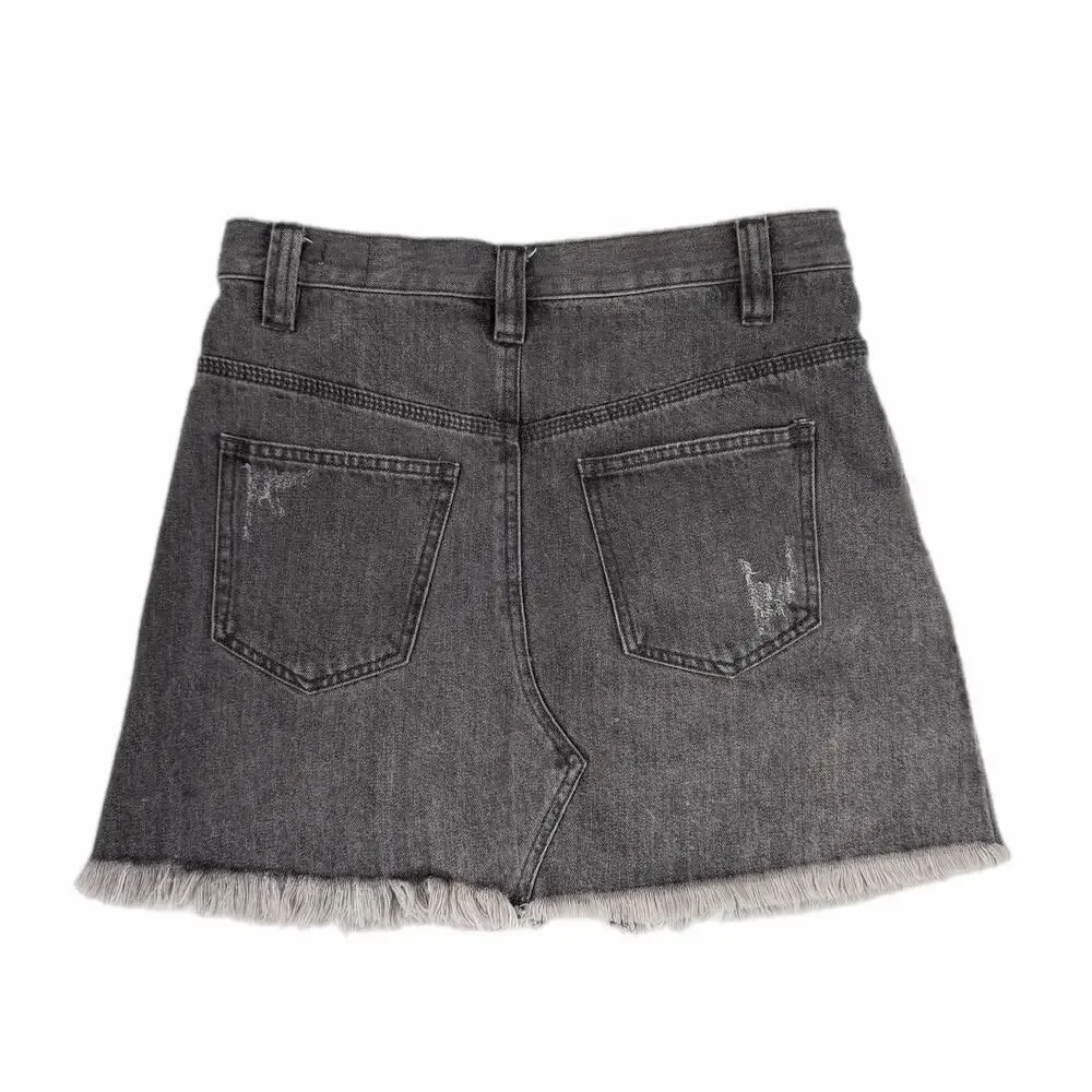 We the Free People Sidecar Raw Hem Fringe Black Faded Denim Cotton MIni Skirt